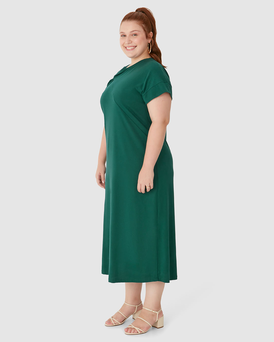 Vestido Longo Feminino Plus Size Decote Detalhe Com Torção Em Algodão - Imagem 7