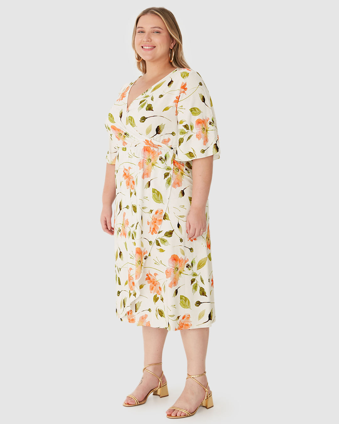 Vestido Feminino Plus Size Reto Transpassado Estampa Floral Em Viscose - Imagem 7