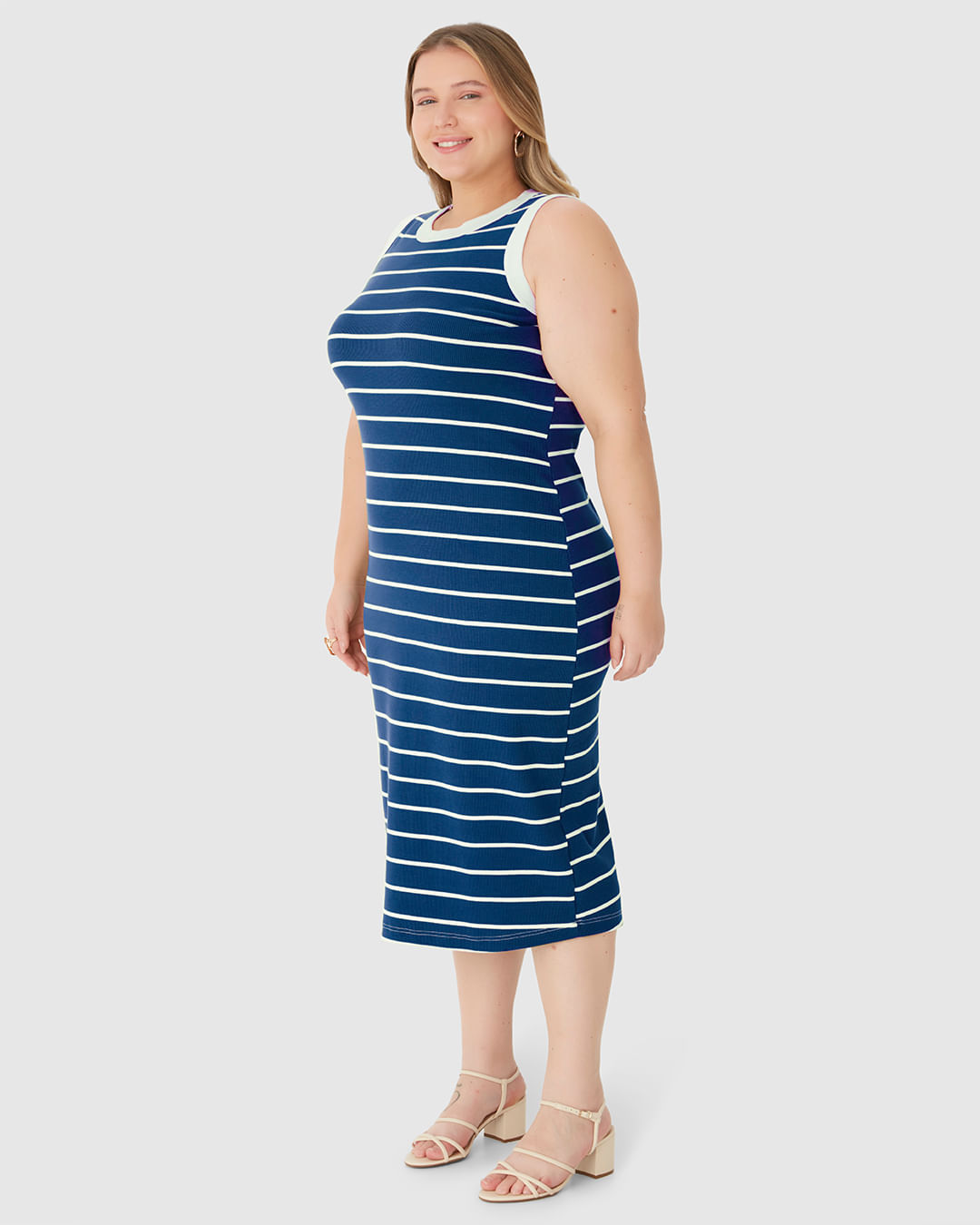 Vestido Midi Feminino Plus Size Justo Em Ribana Listrada - Imagem 7