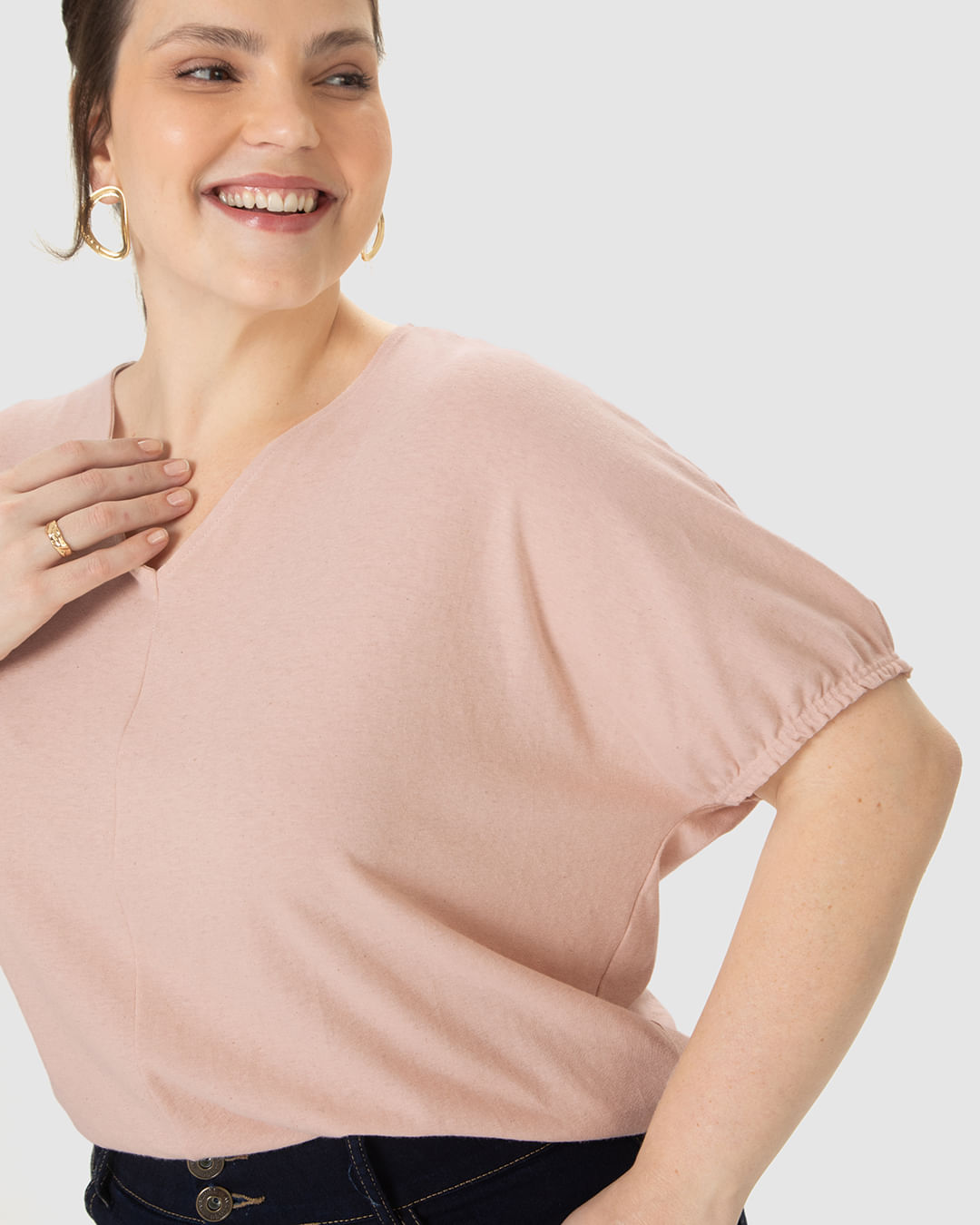 Blusa Feminina Plus Size Ampla Decote V Em Malha Linho - Imagem 3