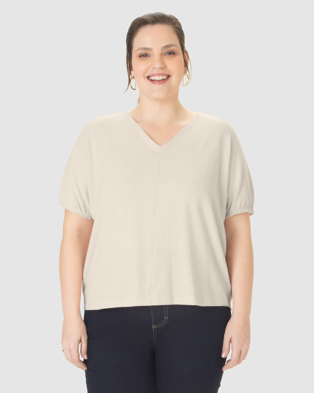 Blusa Feminina Plus Size Ampla Decote V Em Malha Linho - Imagem 14
