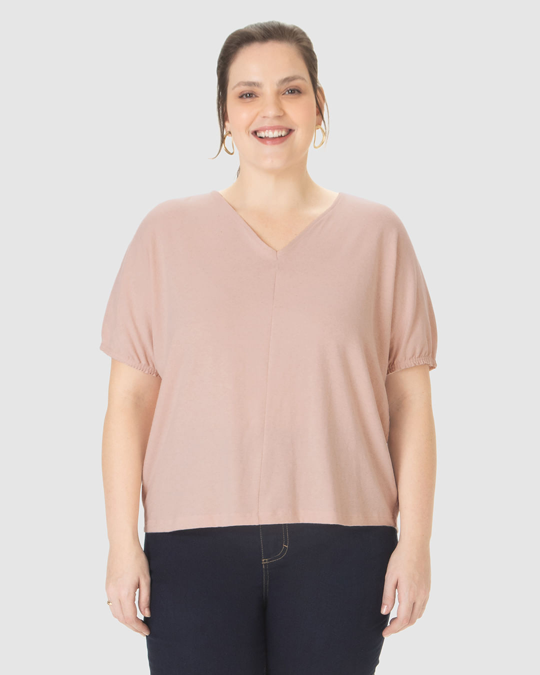 Blusa Feminina Plus Size Ampla Decote V Em Malha Linho - Imagem 24