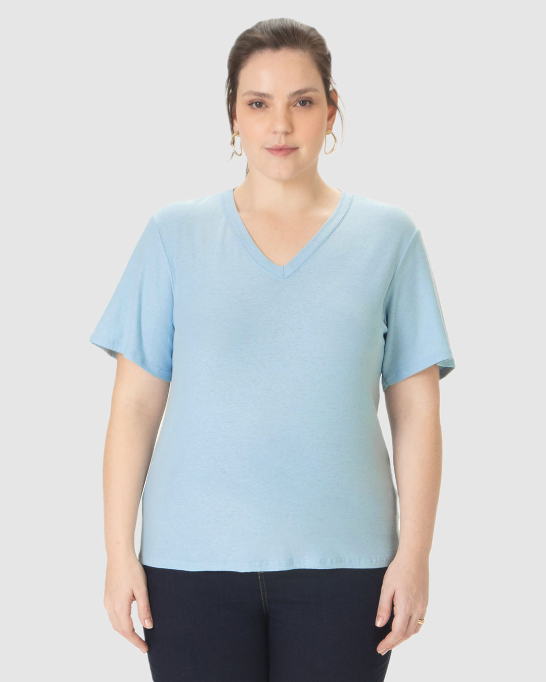 Blusa Básica Feminina Plus Size Decote V Manga Curta Em Malha Linho - Imagem 4