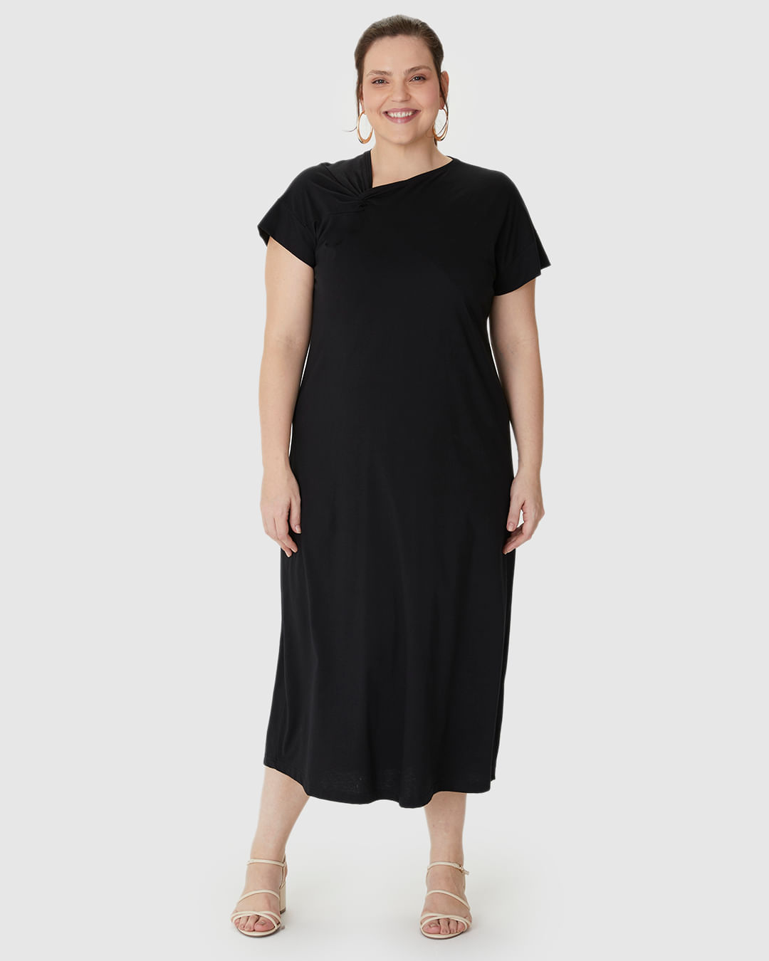 Vestido Longo Feminino Plus Size Decote Detalhe Com Torção Em Algodão - Imagem 14