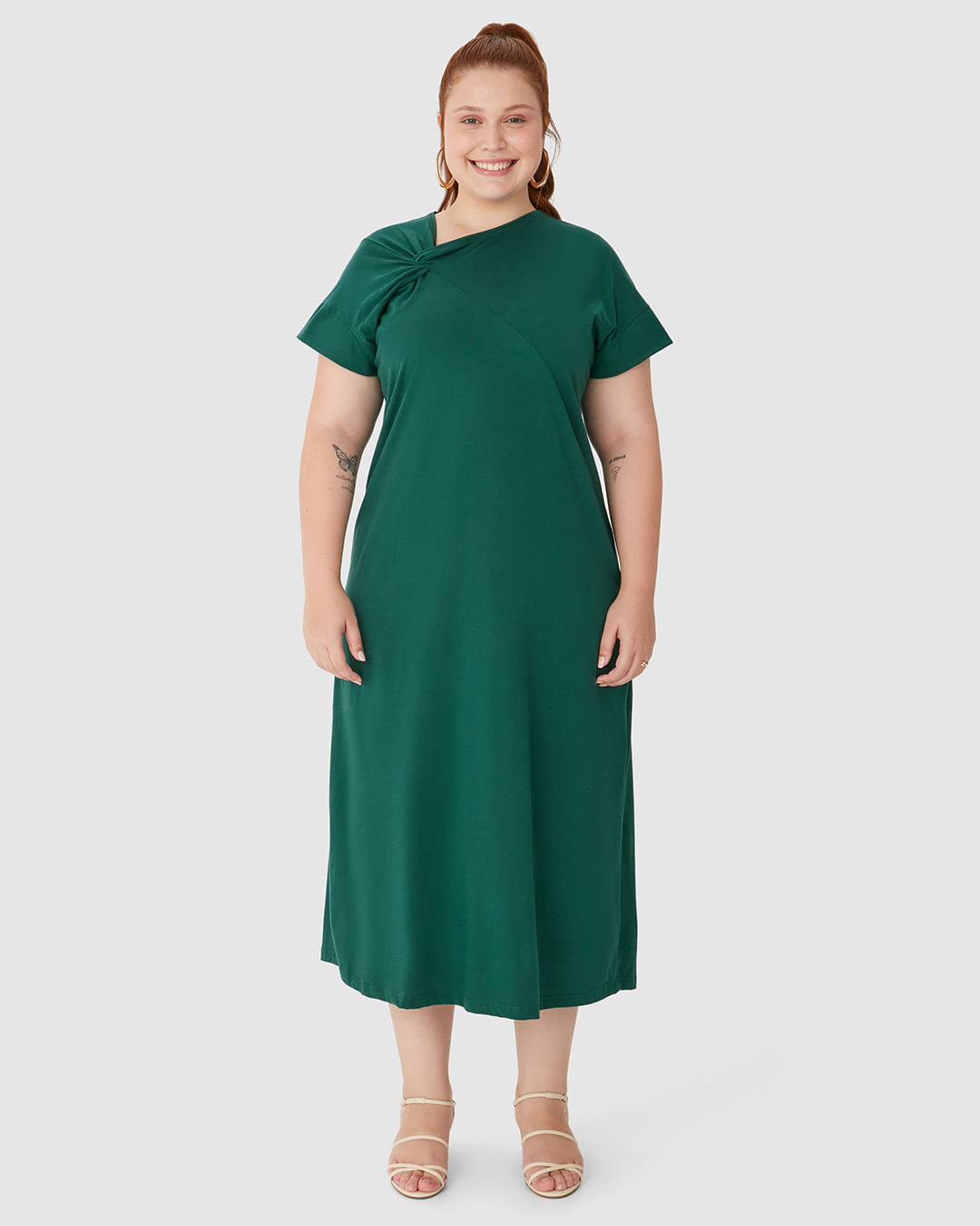Vestido Longo Feminino Plus Size Decote Detalhe Com Torção Em Algodão - Imagem 9
