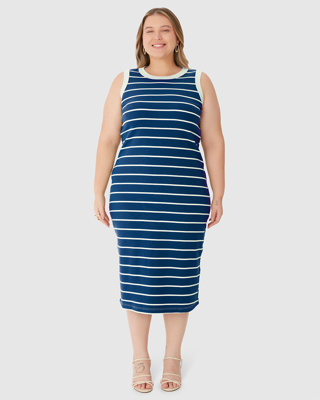 Vestido Midi Feminino Plus Size Justo Em Ribana Listrada - Imagem 9