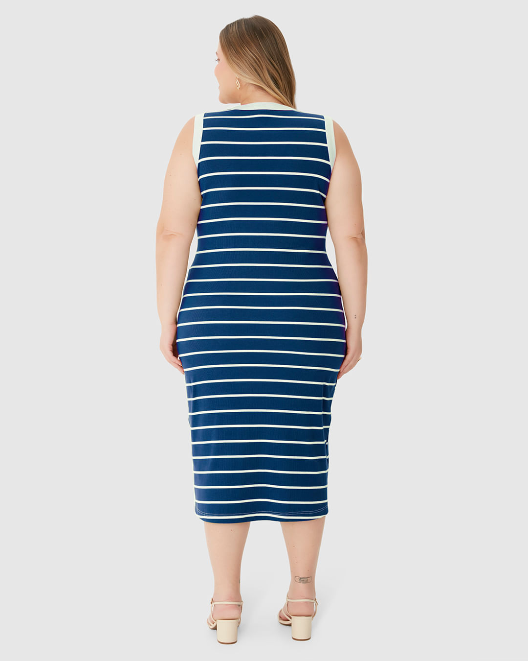 Vestido Midi Feminino Plus Size Justo Em Ribana Listrada - Imagem 15