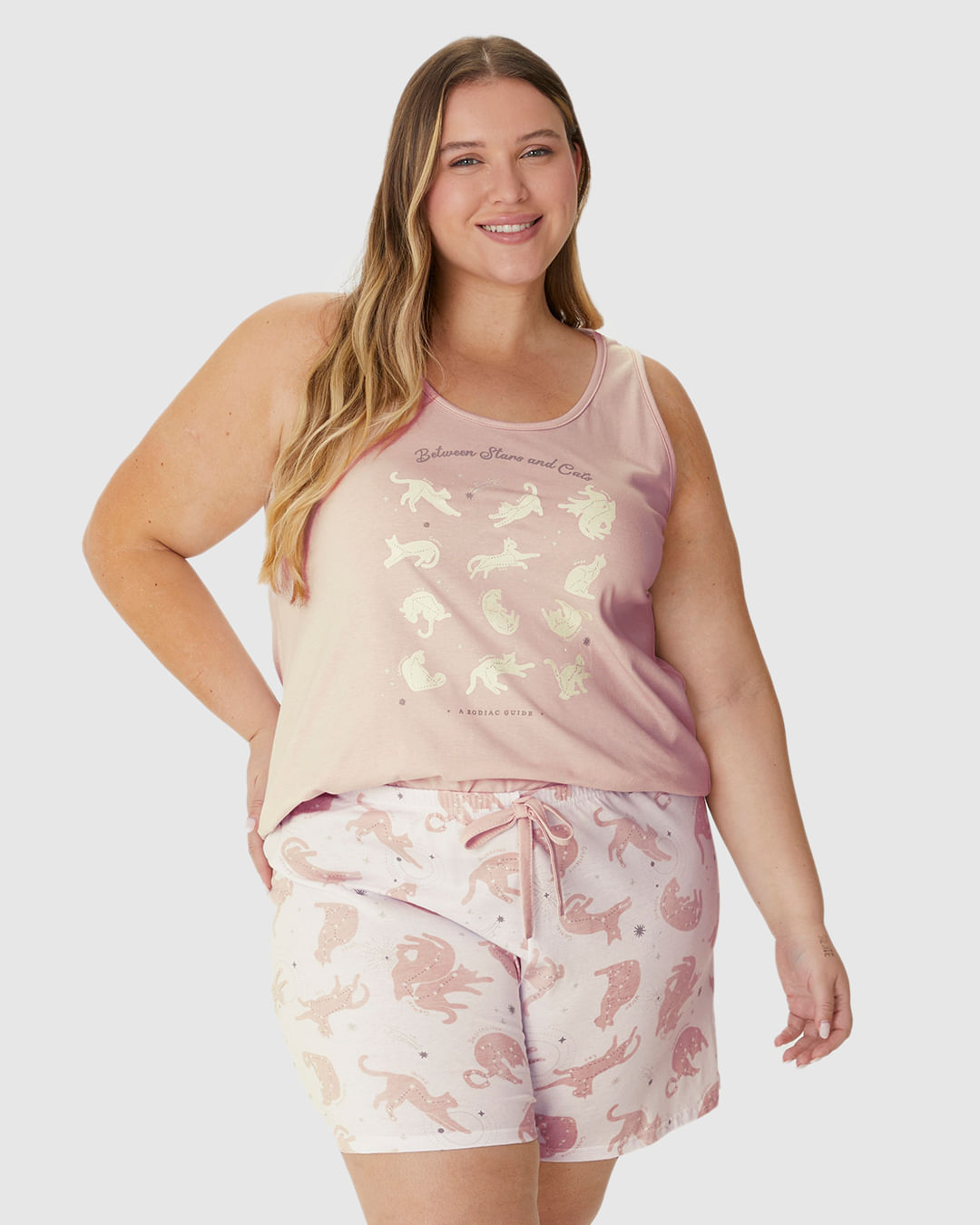 Pijama Feminino Plus Size Regata Between Stars And Cats Em Algodão - Imagem 7