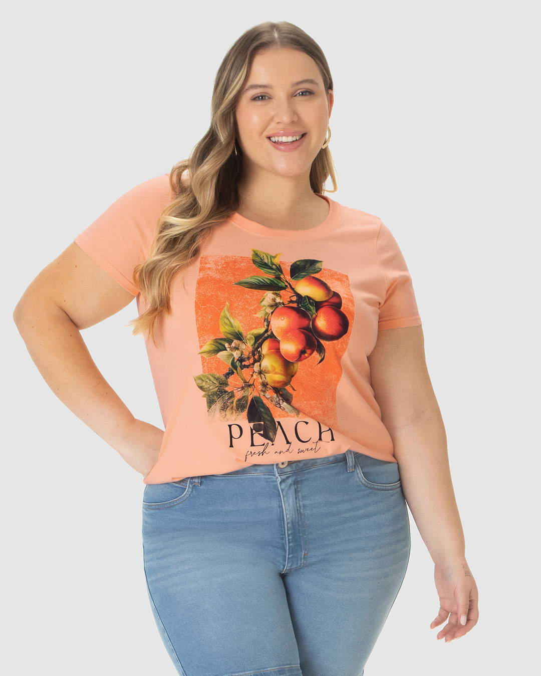 Camiseta Feminina Plus Size Peach Fresh And Sweet Em Algodão - Imagem 6