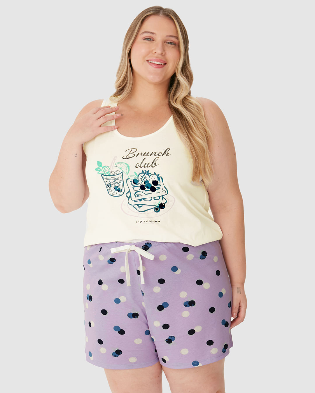 Pijama Feminino Plus Size Regata Brunch Club A Taste Of Happiness Em Algodão - Imagem 6