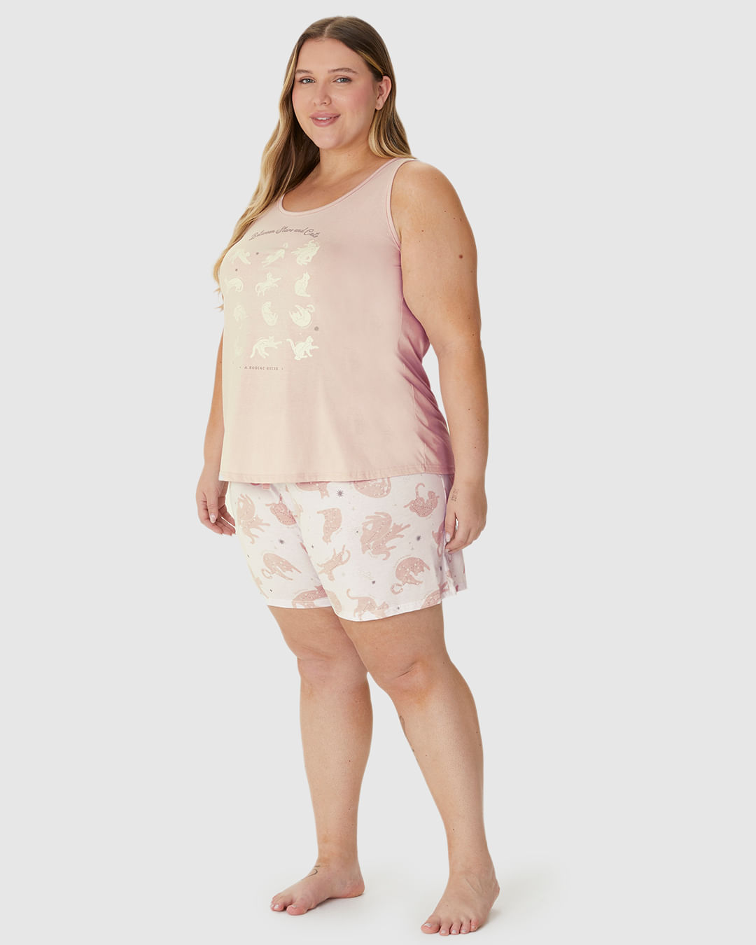 Pijama Feminino Plus Size Regata Between Stars And Cats Em Algodão - Imagem 14