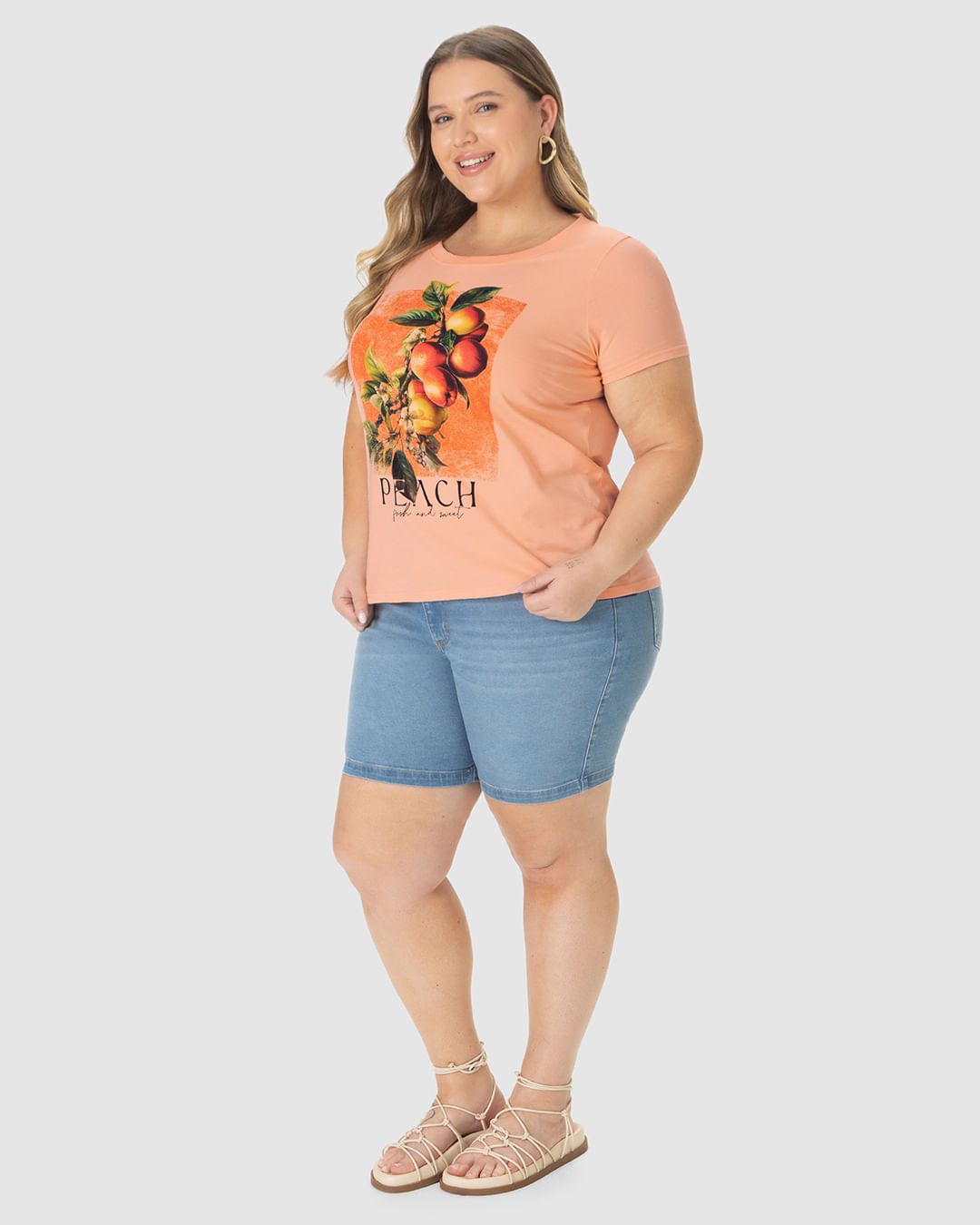 Camiseta Feminina Plus Size Peach Fresh And Sweet Em Algodão - Imagem 17