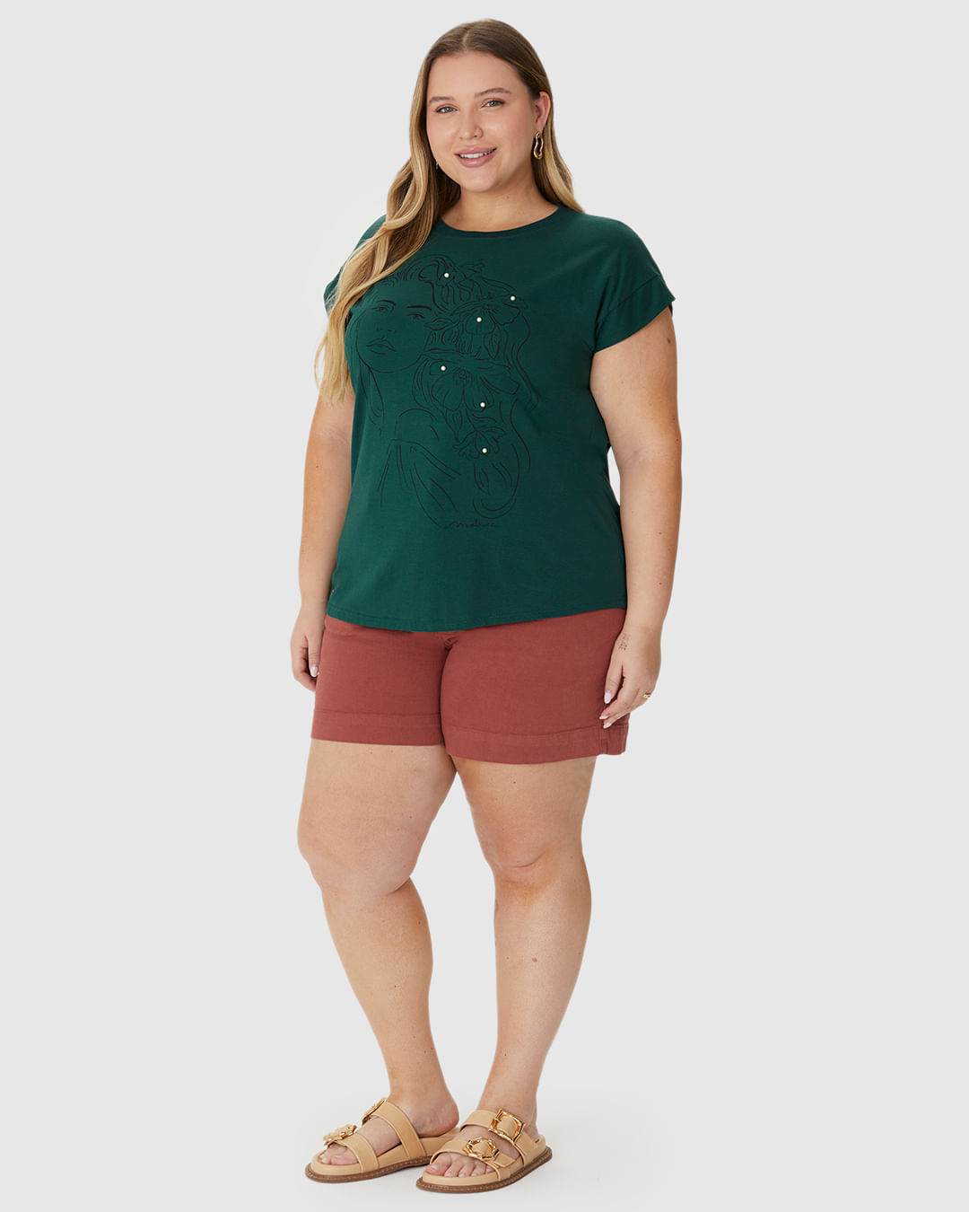 Blusa Feminina Plus Size Estampa Frontal Com Pérolas Em Algodão - Imagem 17
