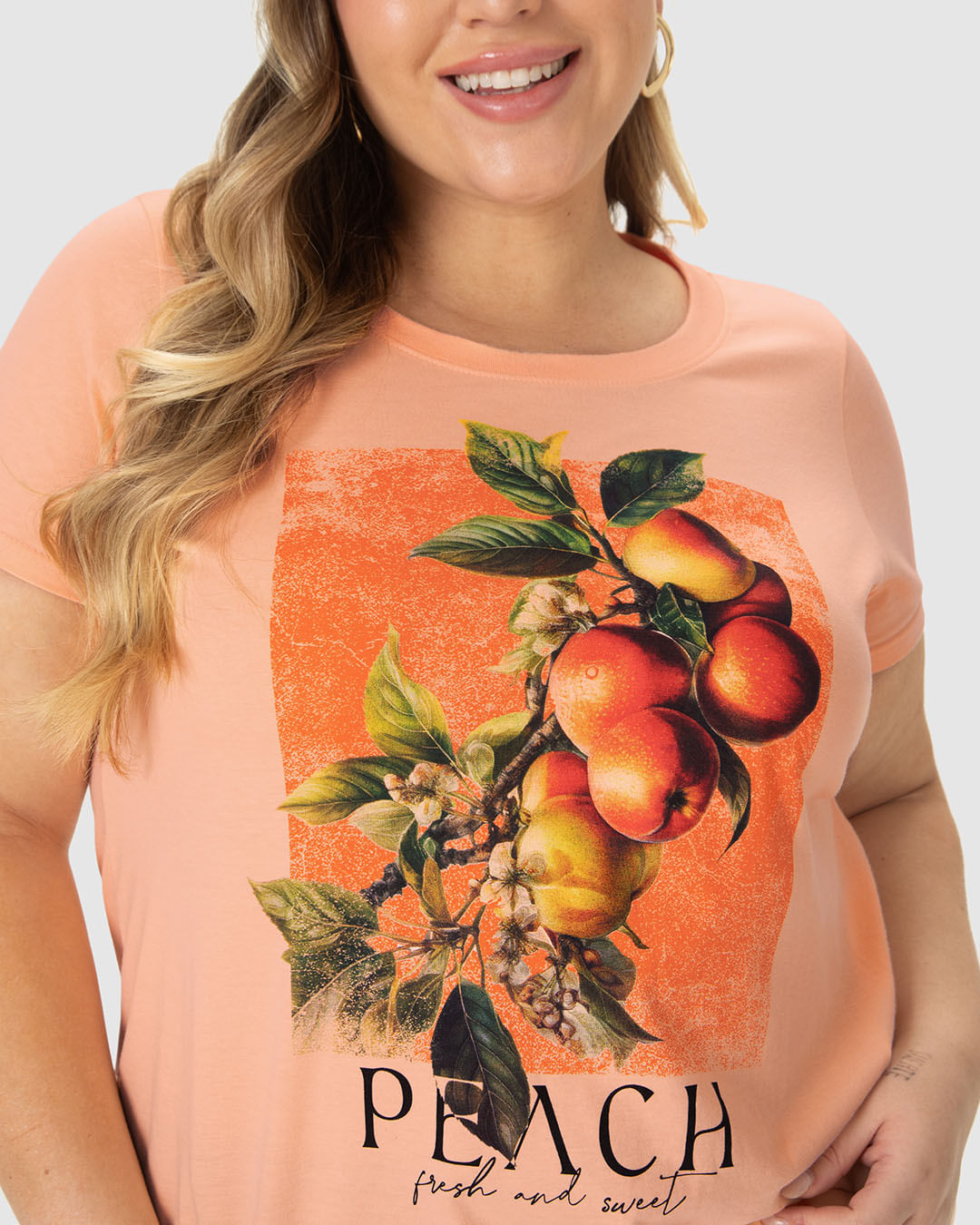 Camiseta Feminina Plus Size Peach Fresh And Sweet Em Algodão - Imagem 18
