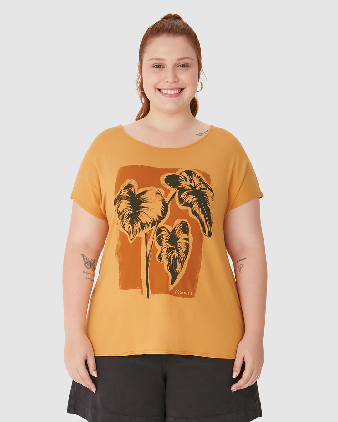 Camiseta Feminina Plus Size Ilustração Folhagem Planta Em Viscose Stretch - Imagem 14
