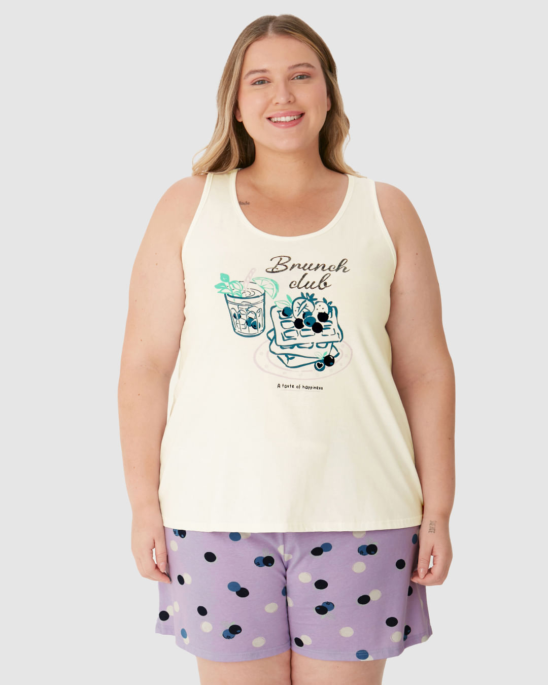 Pijama Feminino Plus Size Regata Brunch Club A Taste Of Happiness Em Algodão - Imagem 14