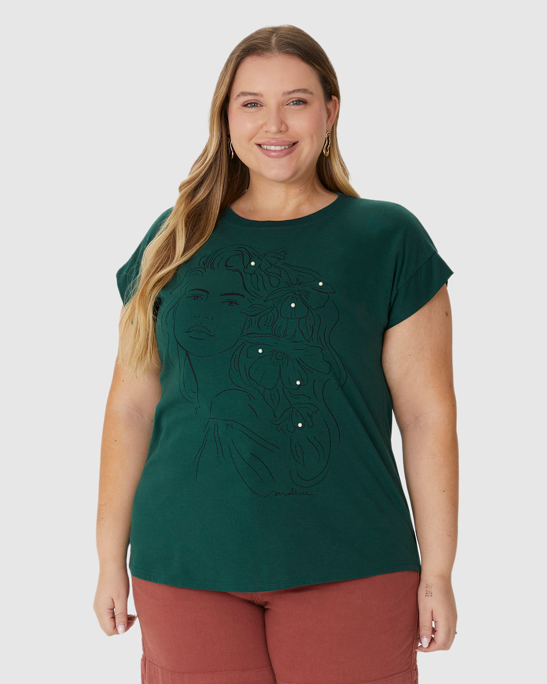 Blusa Feminina Plus Size Estampa Frontal Com Pérolas Em Algodão - Imagem 9