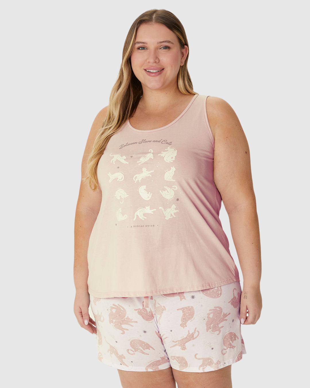 Pijama Feminino Plus Size Regata Between Stars And Cats Em Algodão - Imagem 11