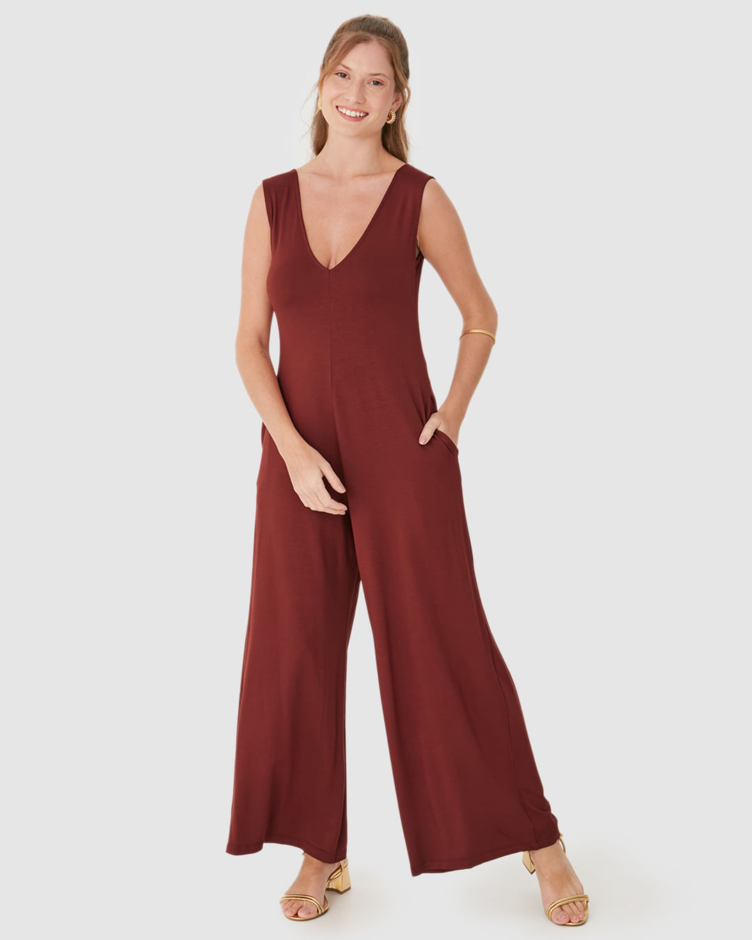 Macacão Feminino Pantalona Bolso Funcional em Moletinho de Viscose
