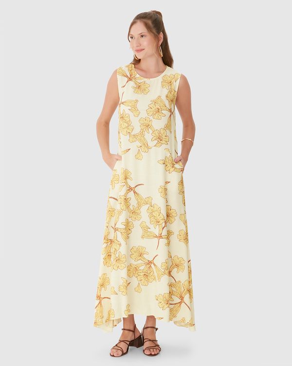 Vestido Midi Feminino Bolso Funcional Em Viscolinho Texturizado Off White - M