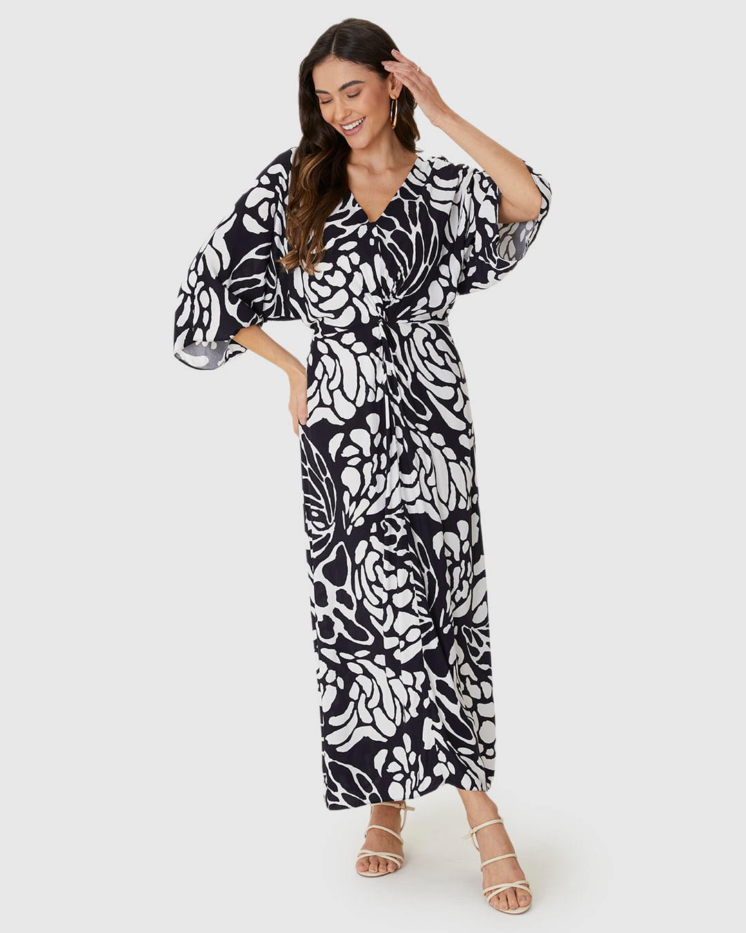 Vestido Midi Feminino Estampado Decote V Torção Frontal Em Viscose - Imagem 16