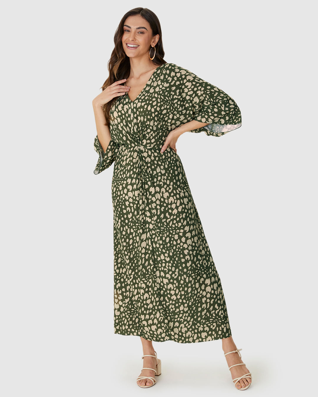 Vestido Midi Feminino Estampado Decote V Torção Frontal Em Viscose