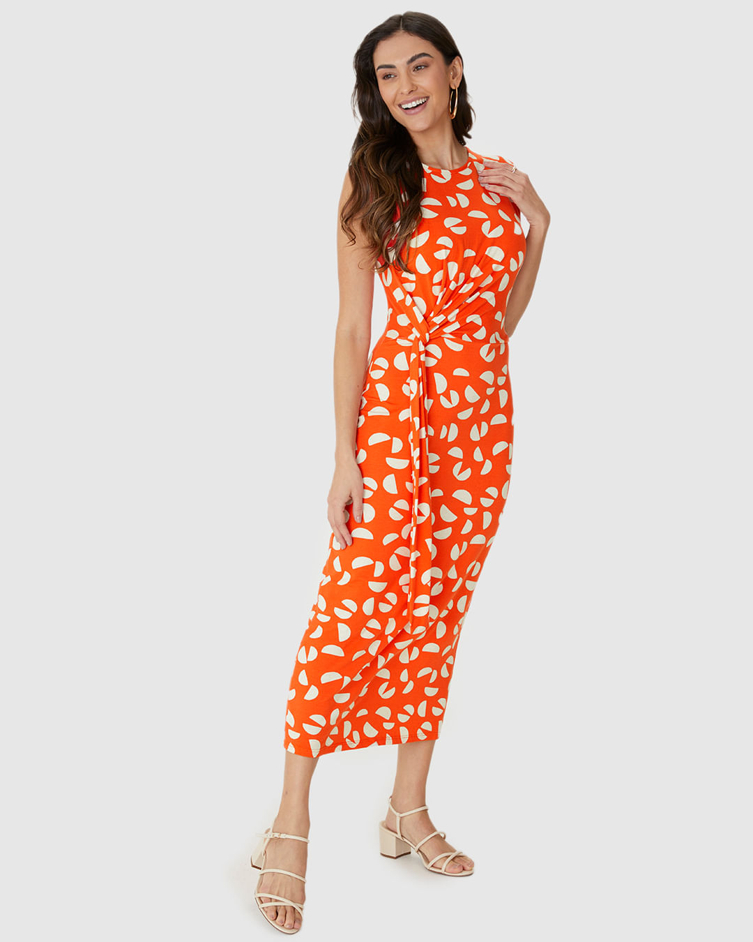 Vestido Midi Feminino Estampado Faixa E Nó Frontal Em Malha Viscolinho Stretch - Imagem 11