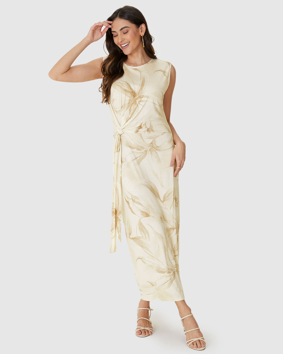 Vestido Midi Feminino Estampado Faixa E Nó Frontal Em Malha Viscolinho Stretch