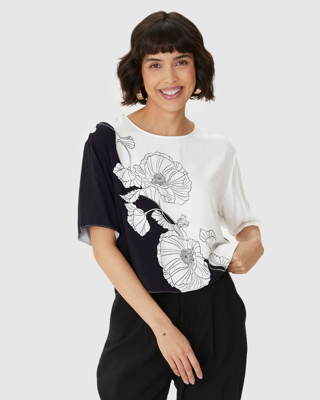 Blusa Box Feminina Estampada Manga Curta Em Viscose