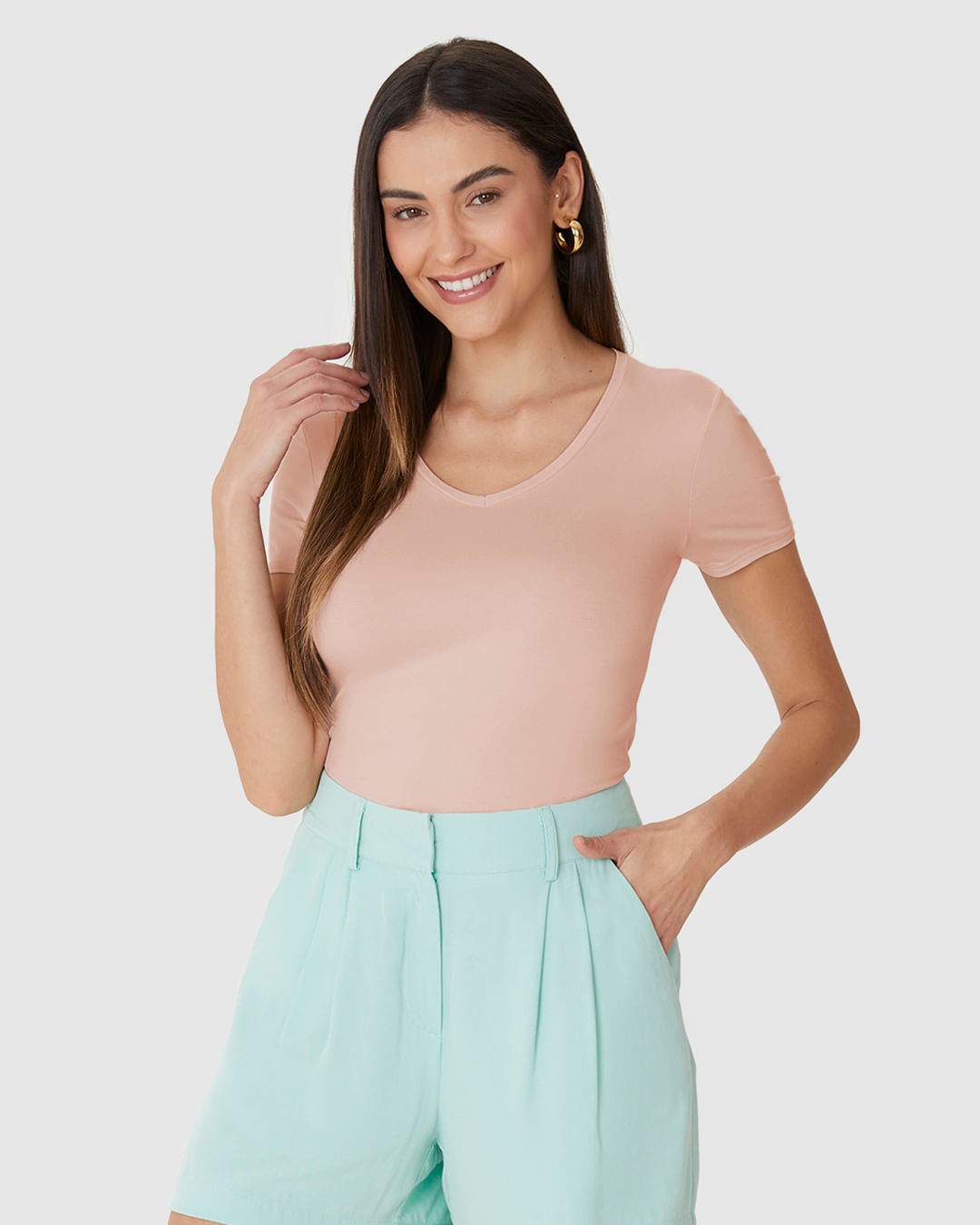 Blusa Básica Feminina Decote V Em Viscose Stretch - Imagem 26