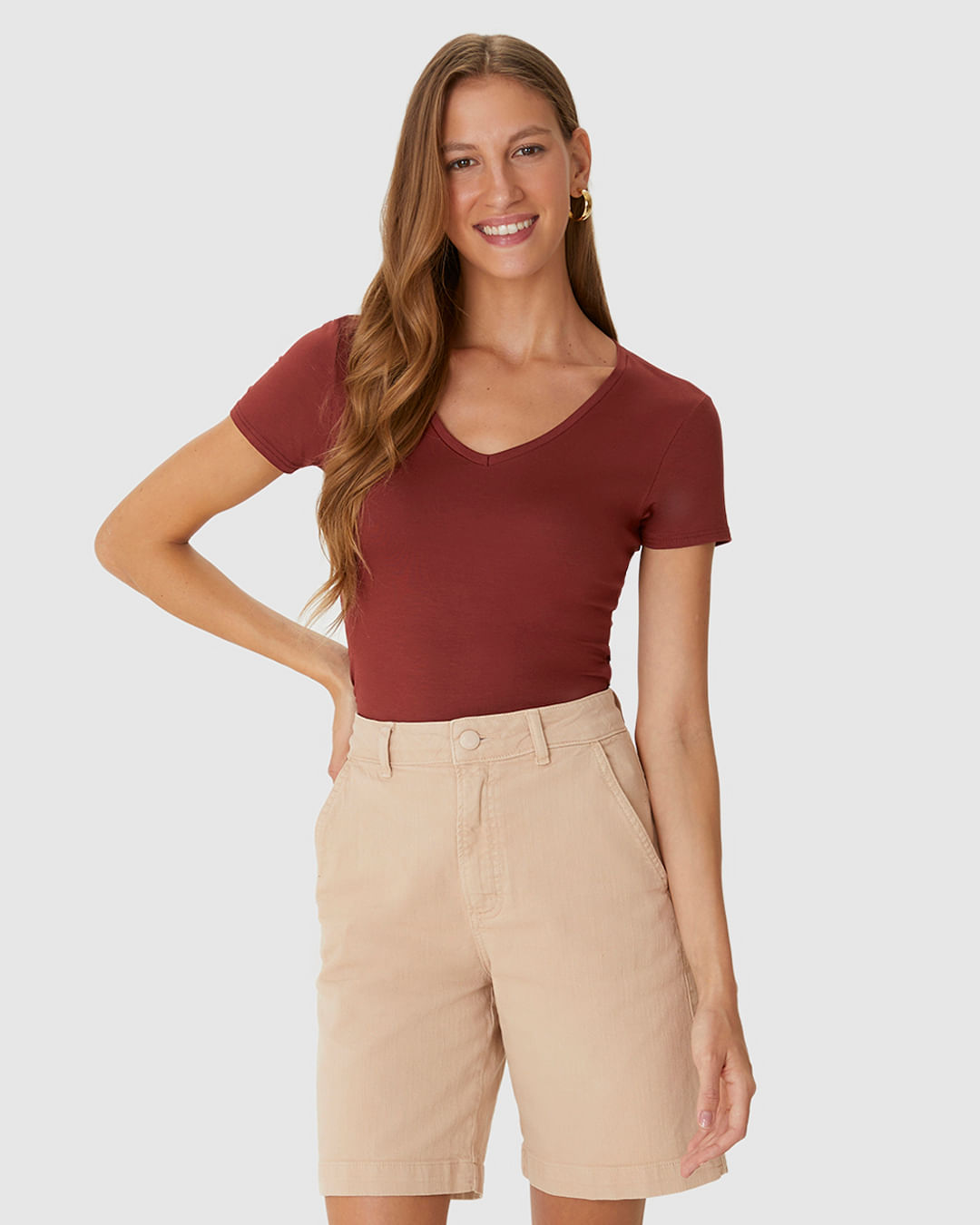 Blusa Básica Feminina Decote V Em Viscose Stretch