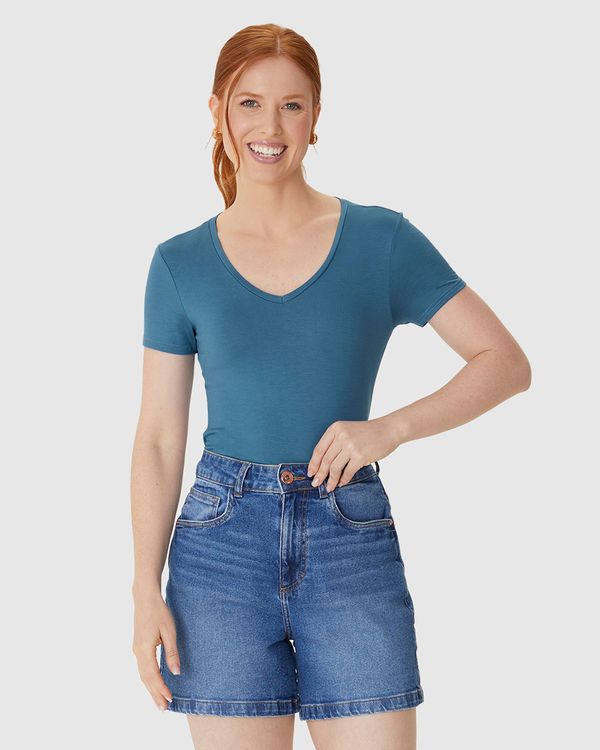 Blusa Básica Feminina Decote V Em Viscose Stretch Azul - G