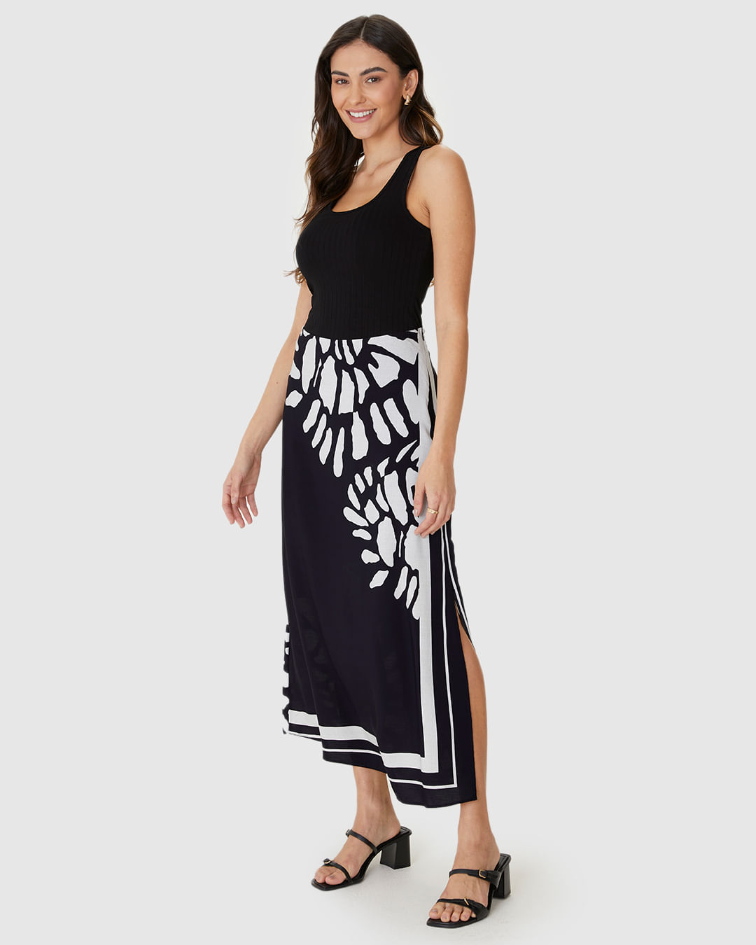 Saia Midi Feminina Estampada Fenda Lateral Em Viscose - Imagem 14