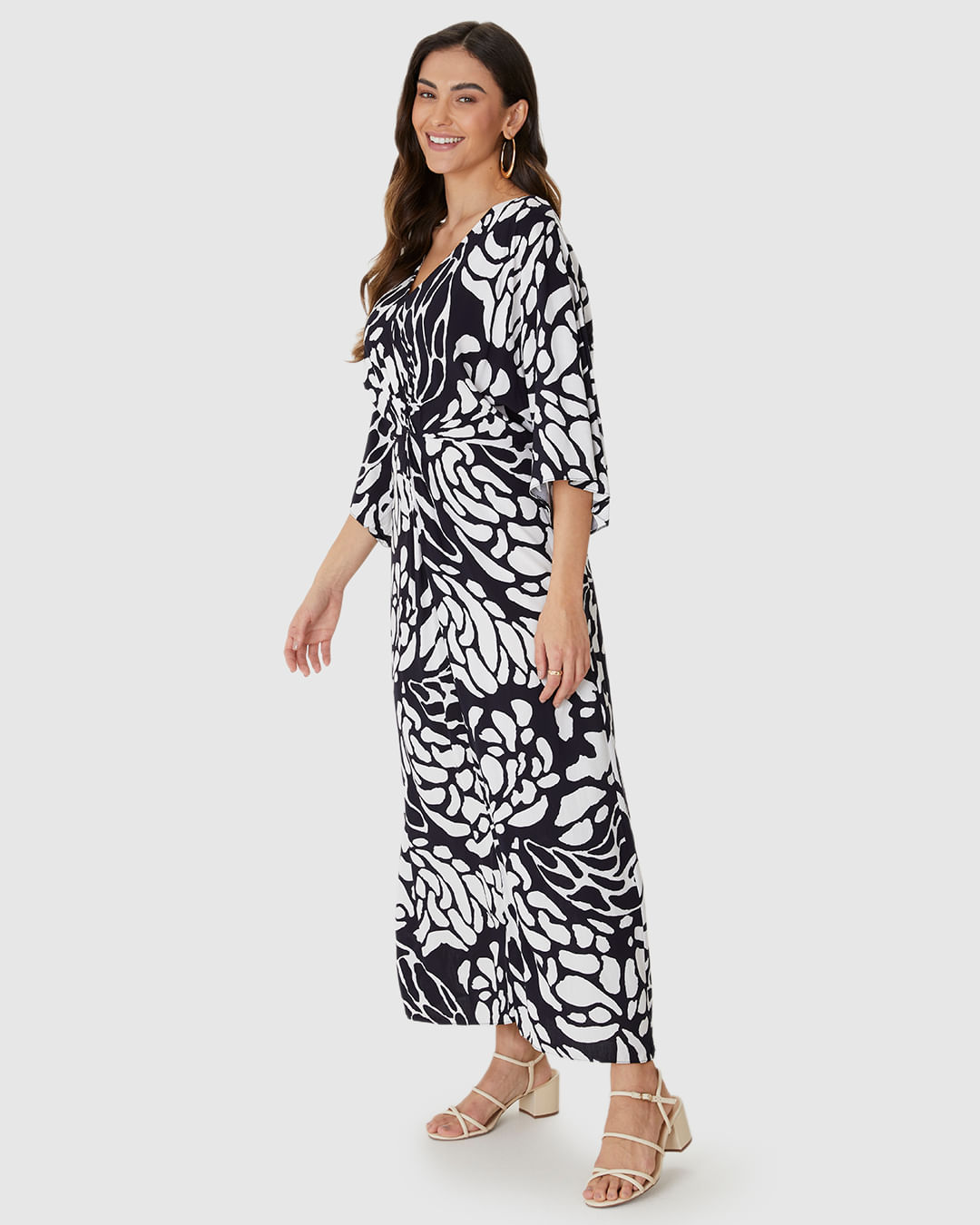 Vestido Midi Feminino Estampado Decote V Torção Frontal Em Viscose - Imagem 7