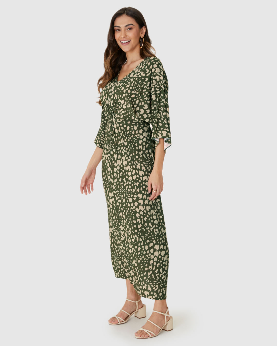 Vestido Midi Feminino Estampado Decote V Torção Frontal Em Viscose - Imagem 7