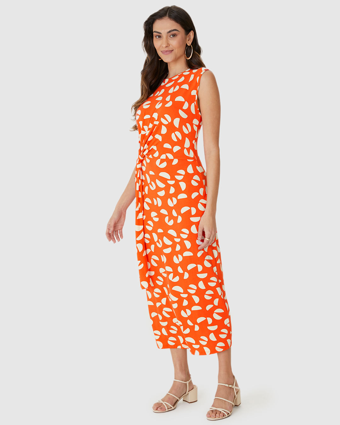 Vestido Midi Feminino Estampado Faixa E Nó Frontal Em Malha Viscolinho Stretch - Imagem 7
