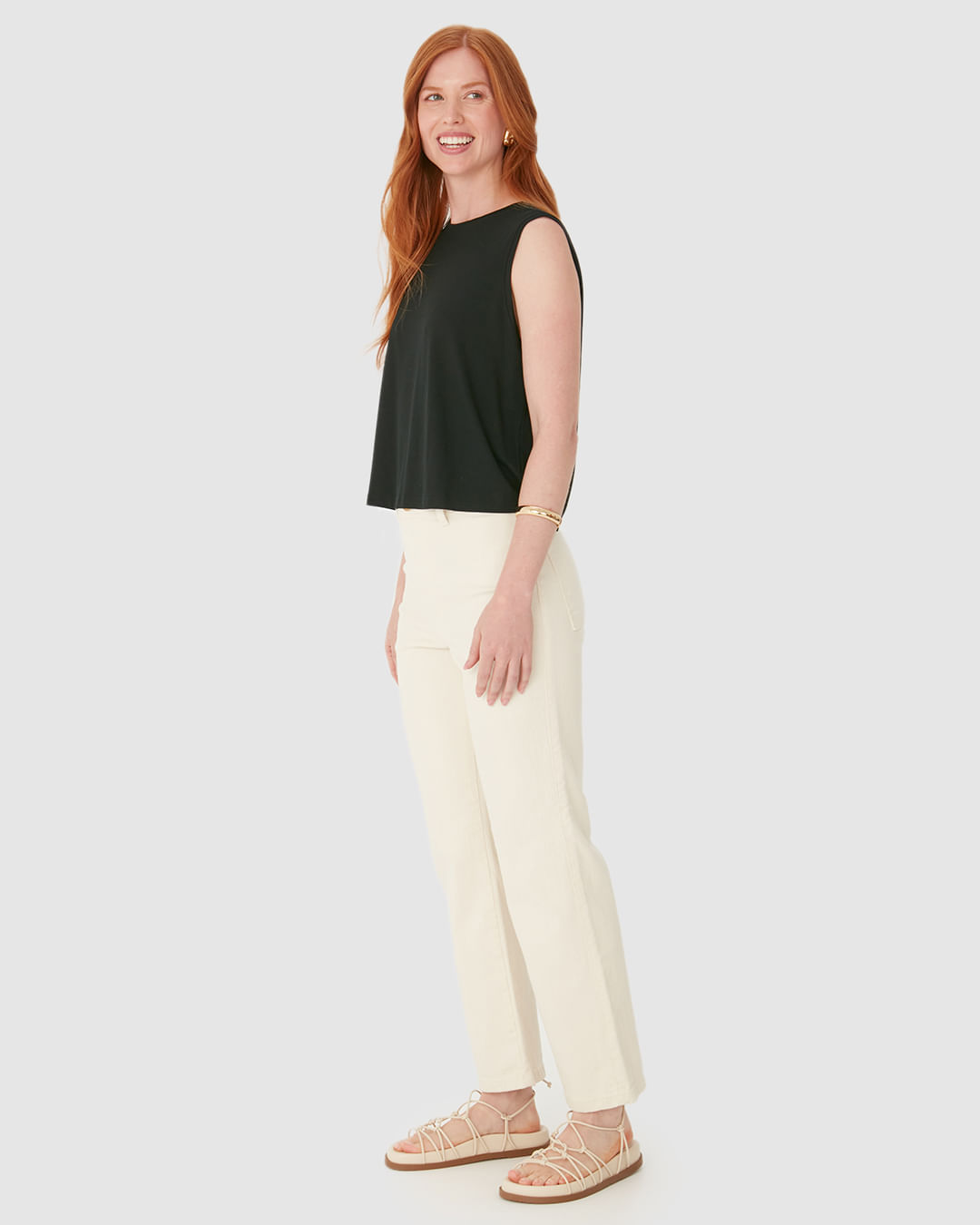 Calça Straight Cropped Feminina Bolso Funcional Em Sarja Com Elastano - Imagem 12