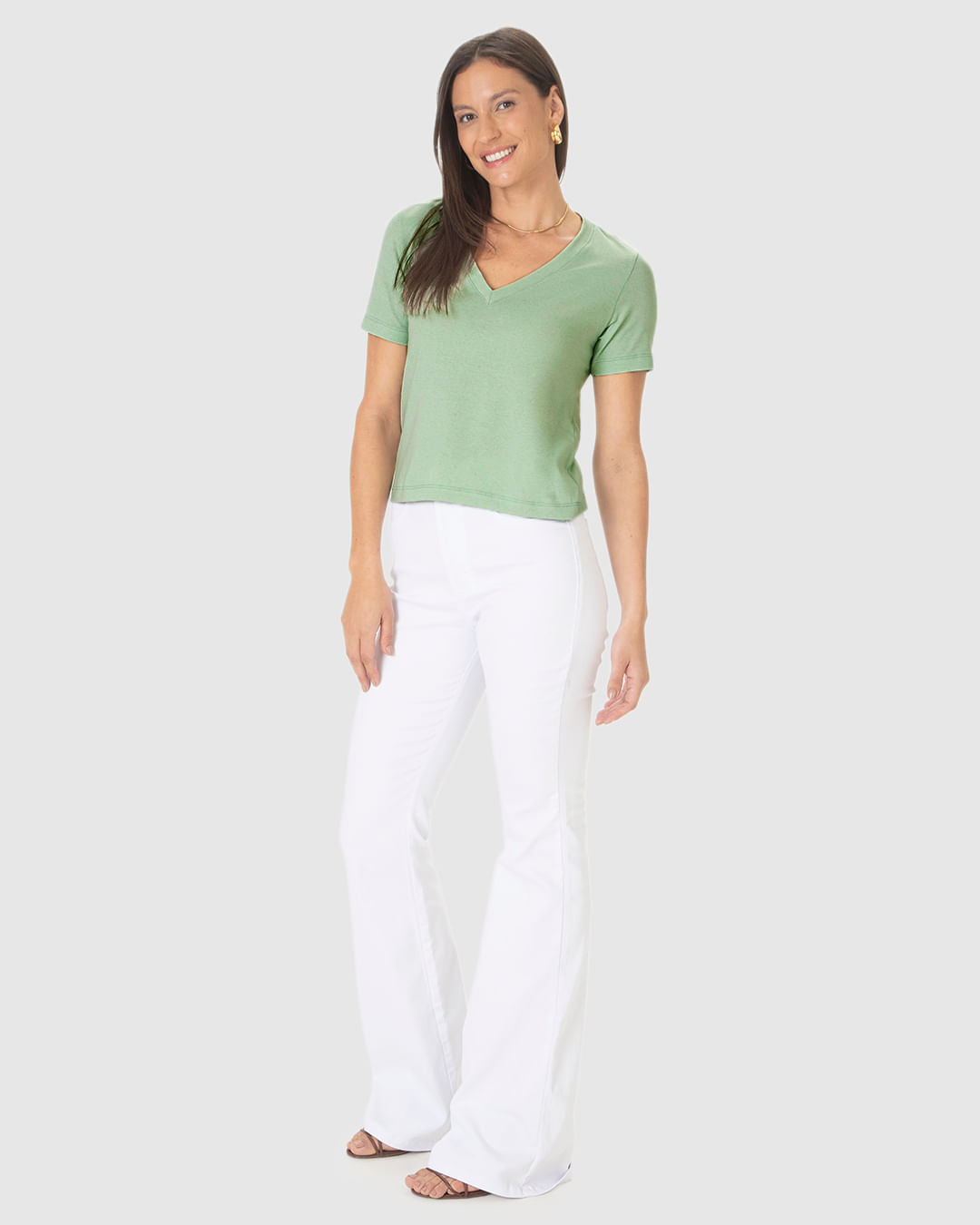 Blusa Básica Feminina Decote V Manga Curta Em Malha Linho - Imagem 7