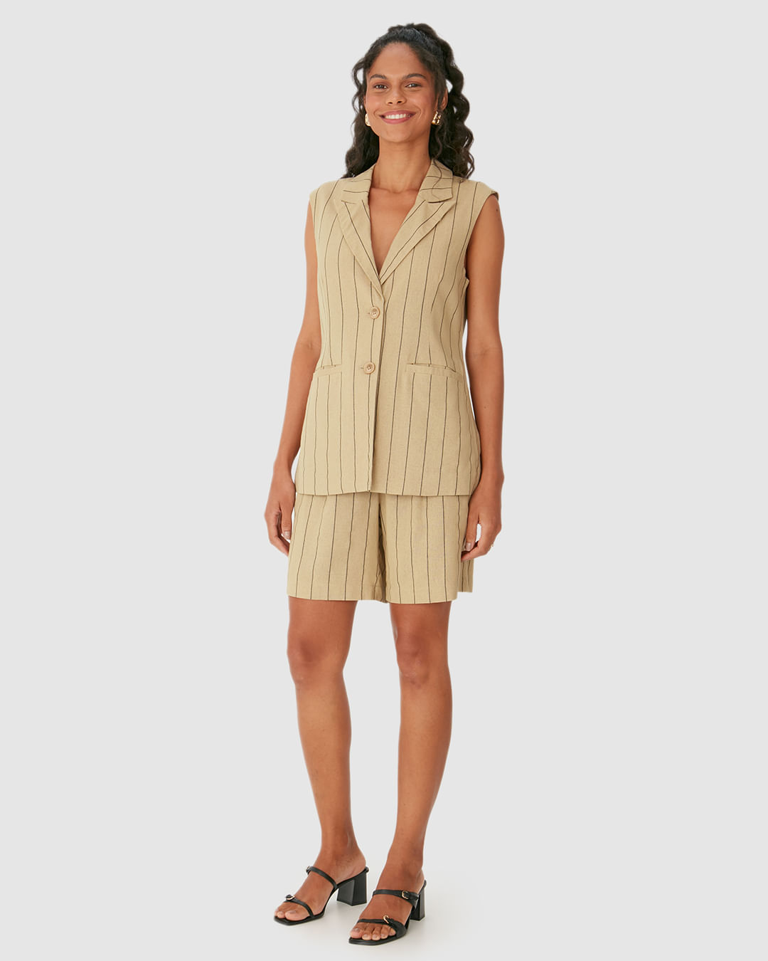 Colete Alongado Feminino Alfaiataria Listrado Em Viscolinho - Imagem 12