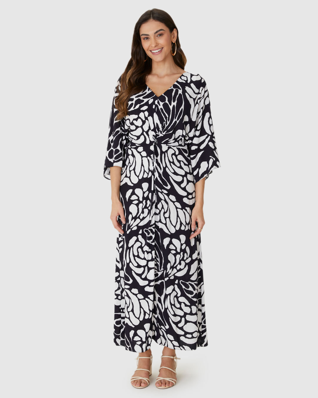 Vestido Midi Feminino Estampado Decote V Torção Frontal Em Viscose - Imagem 14