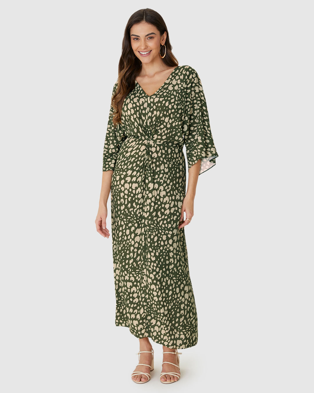 Vestido Midi Feminino Estampado Decote V Torção Frontal Em Viscose - Imagem 14