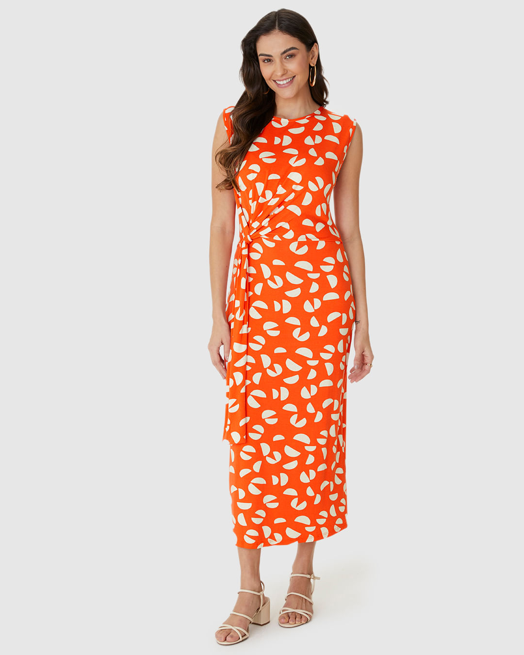 Vestido Midi Feminino Estampado Faixa E Nó Frontal Em Malha Viscolinho Stretch - Imagem 24