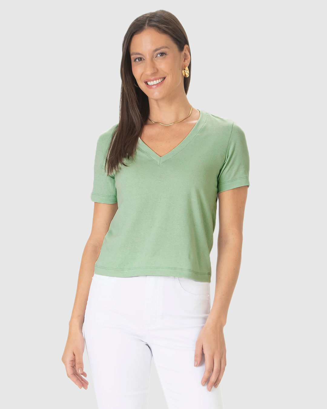 Blusa Básica Feminina Decote V Manga Curta Em Malha Linho - Imagem 9