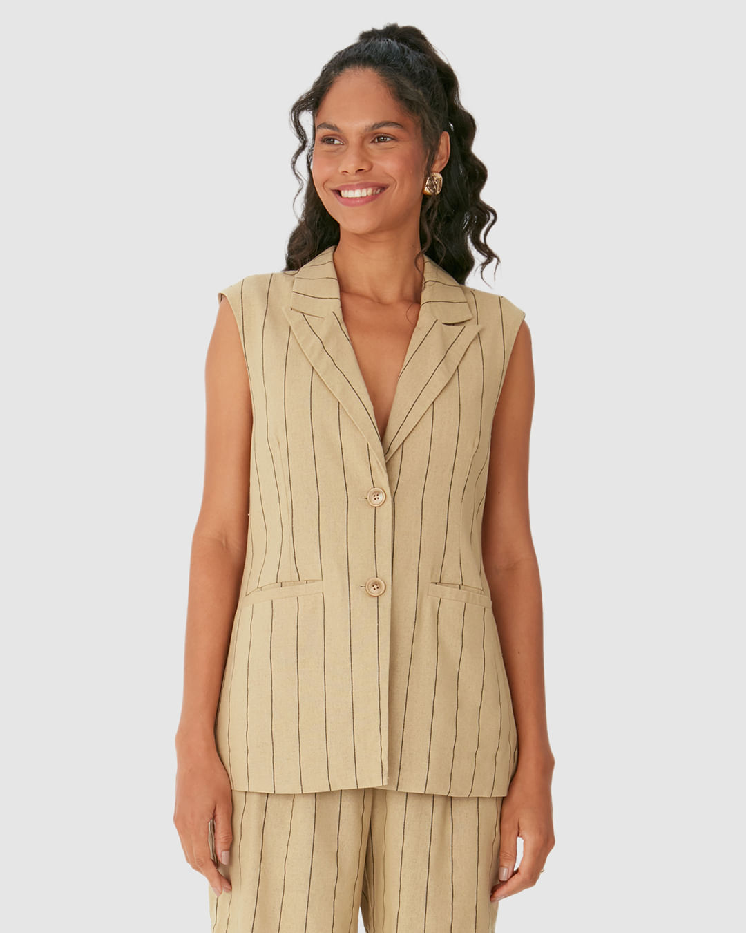 Colete Alongado Feminino Alfaiataria Listrado Em Viscolinho - Imagem 14