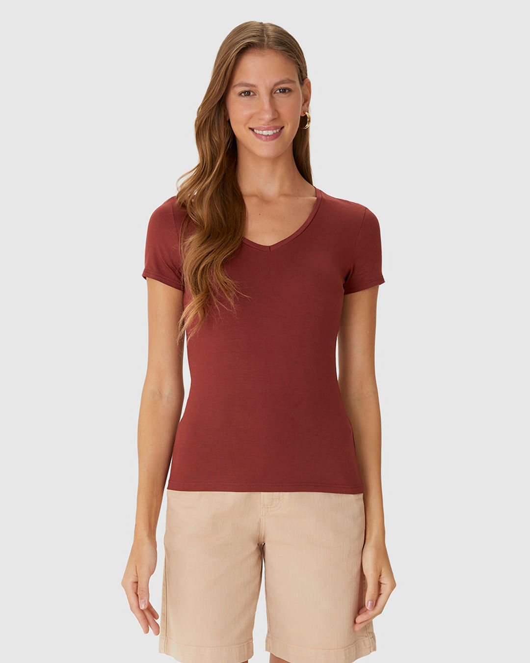 Blusa Básica Feminina Decote V Em Viscose Stretch - Imagem 9