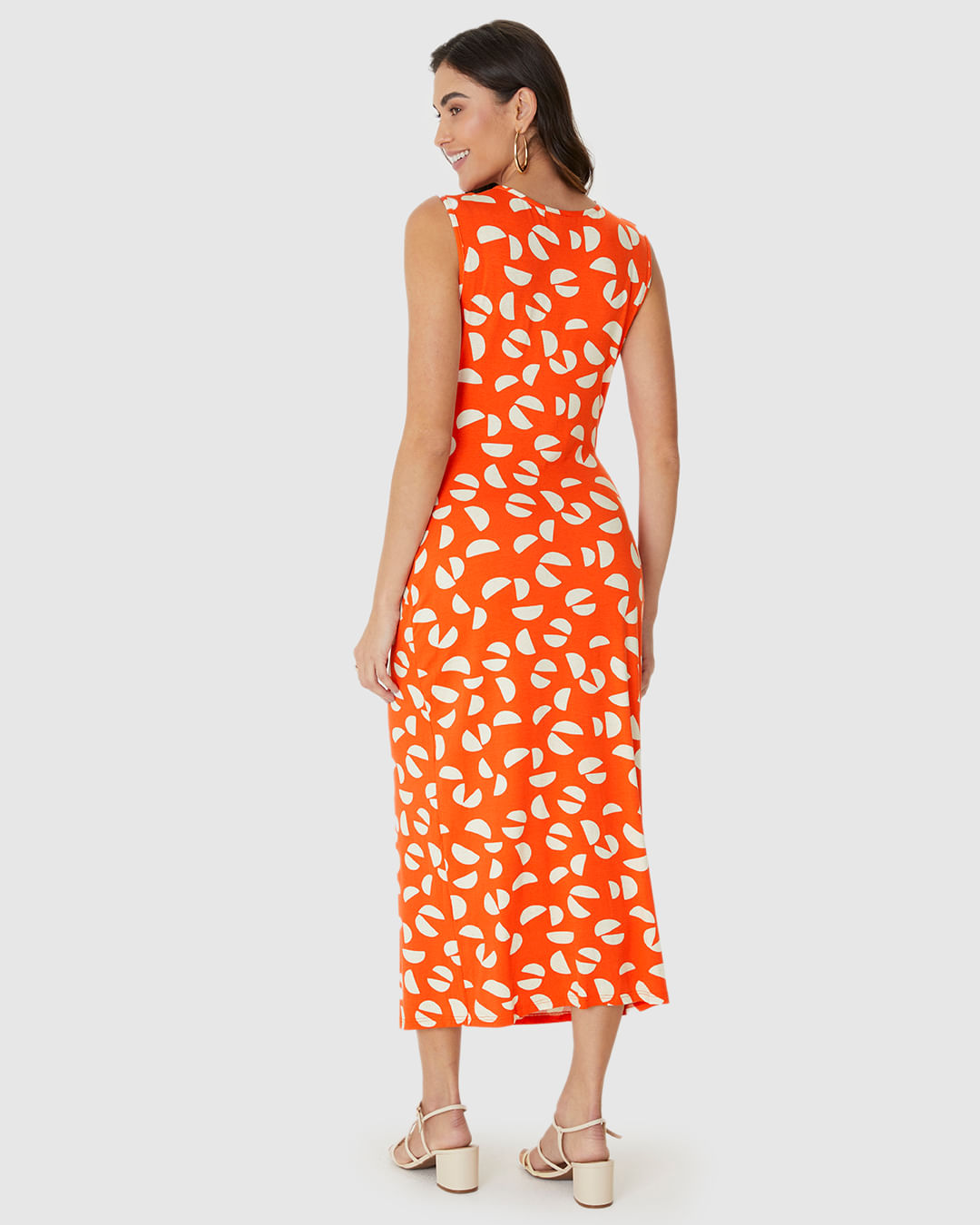 Vestido Midi Feminino Estampado Faixa E Nó Frontal Em Malha Viscolinho Stretch - Imagem 5