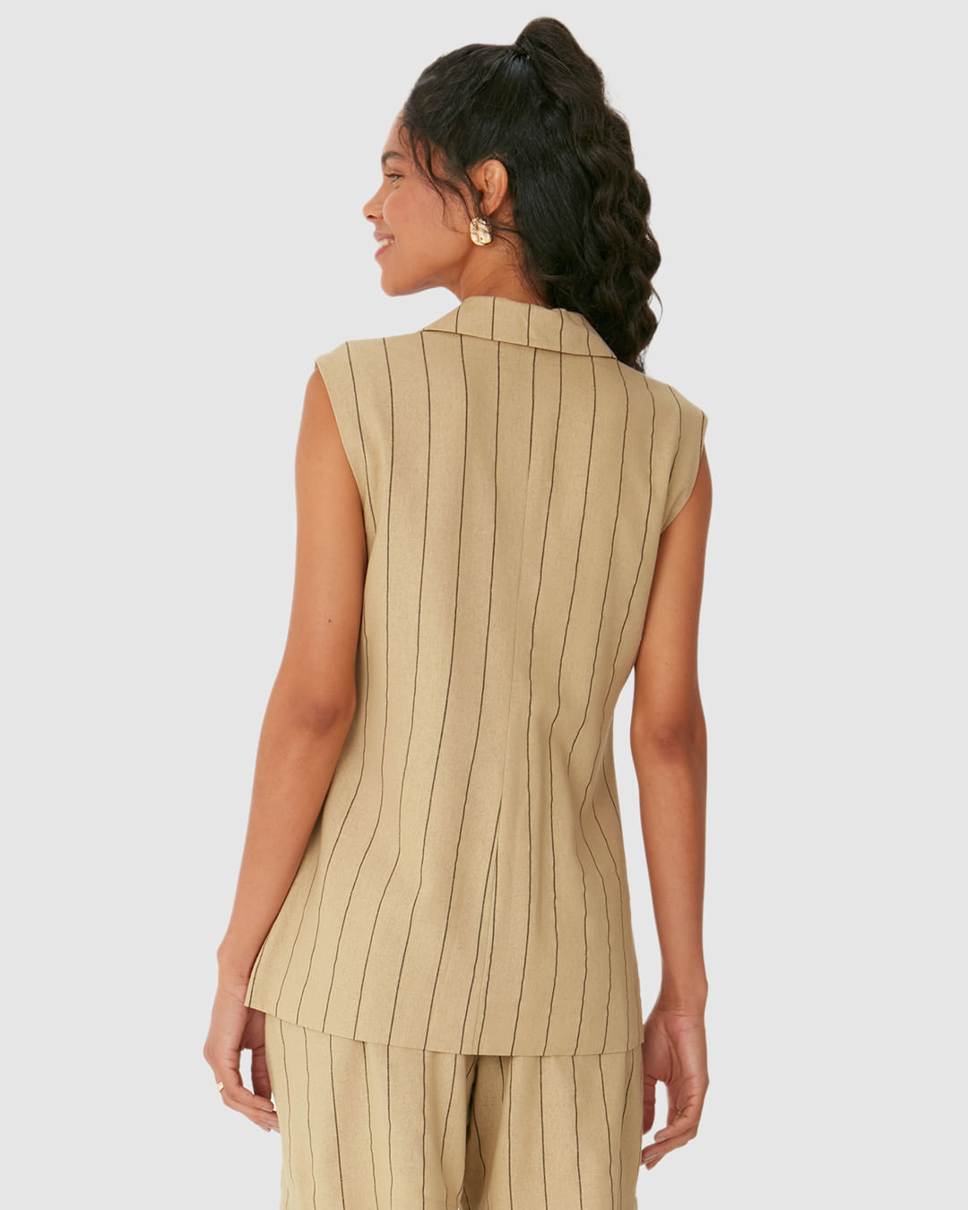 Colete Alongado Feminino Alfaiataria Listrado Em Viscolinho - Imagem 15