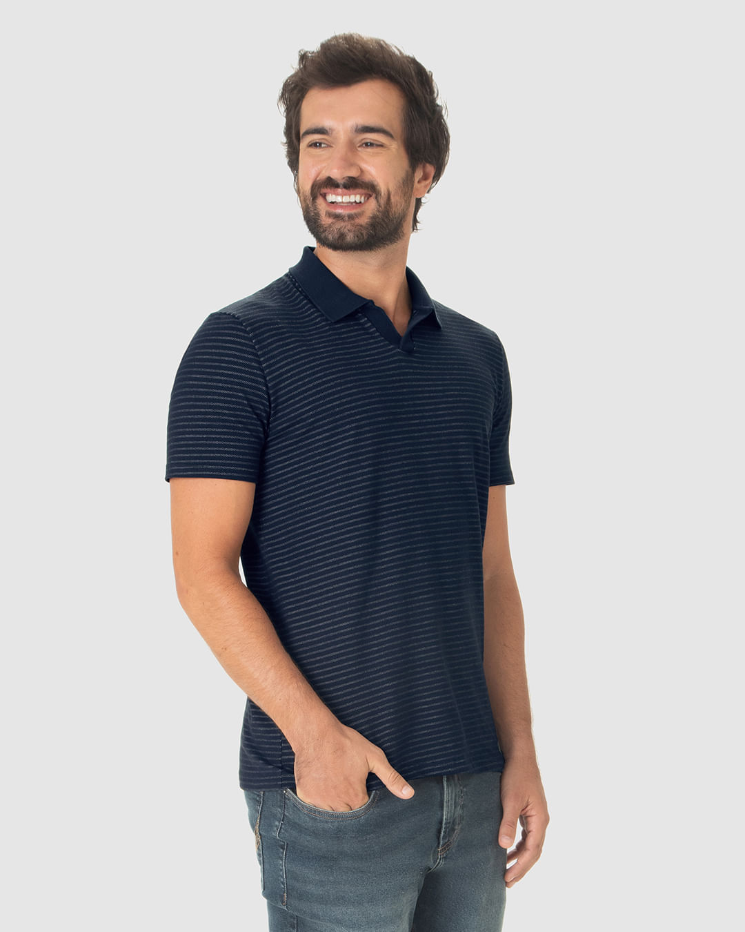 Camisa Polo Masculina Gola V Em Moletinho Listrado