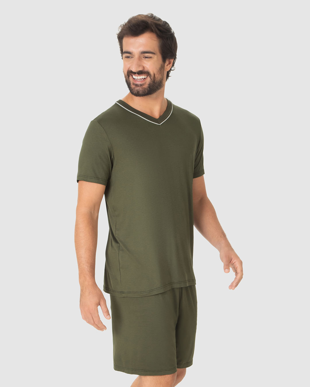 Pijama Curto Masculino Camiseta Decote V Contraste Em Viscose Stretch - Imagem 19