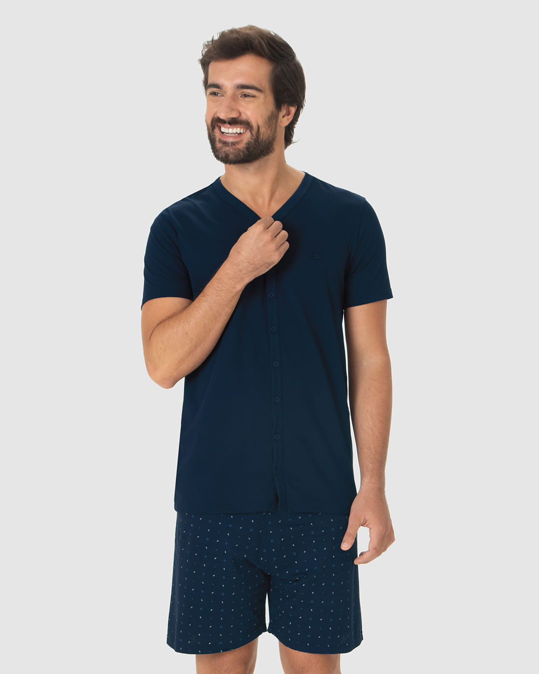 Pijama Curto Masculino Camiseta Decote V Abotoamento Frontal Em Algodão